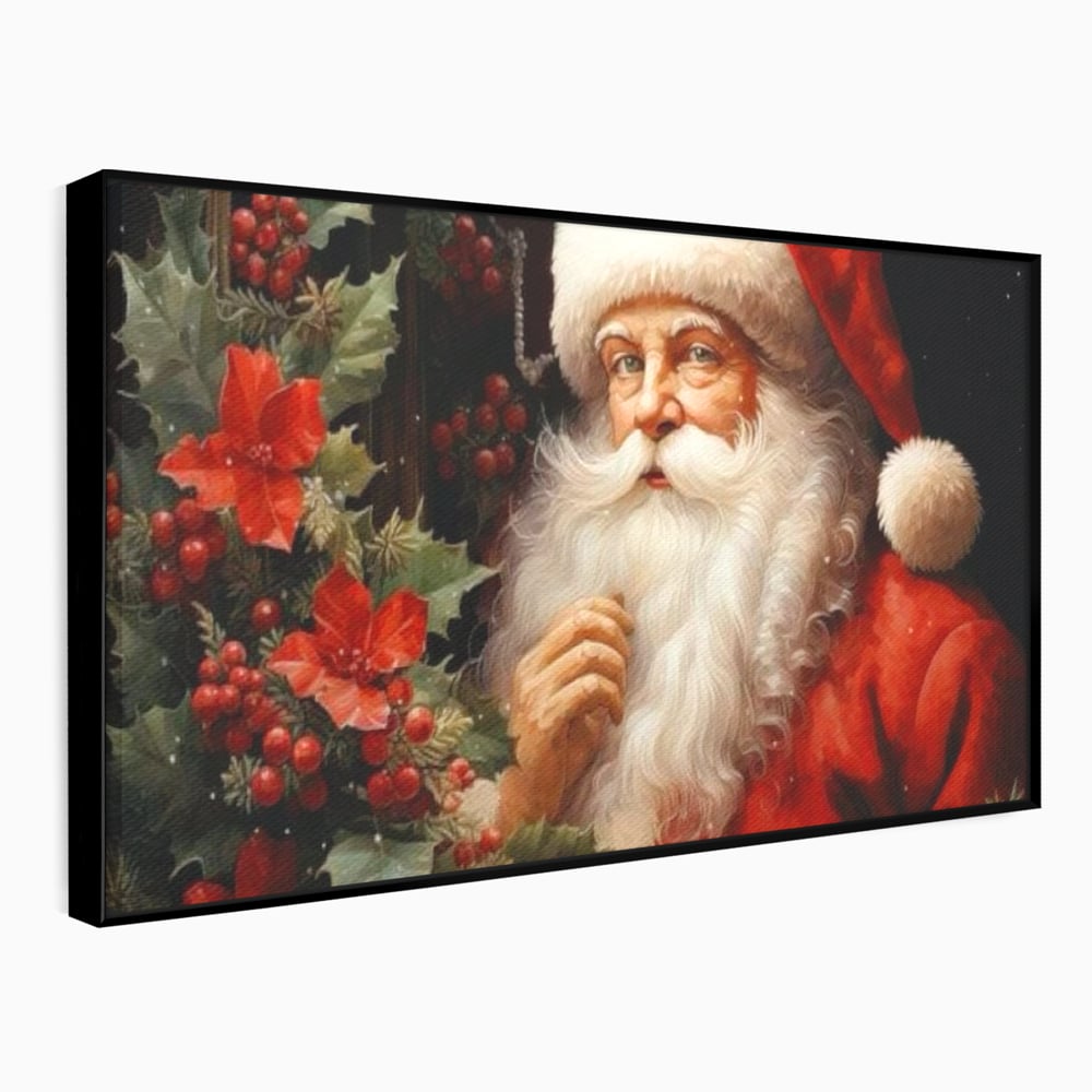 Tablou canvas cu tablou canvas cu mos craciun, in rama de aluminiu negru